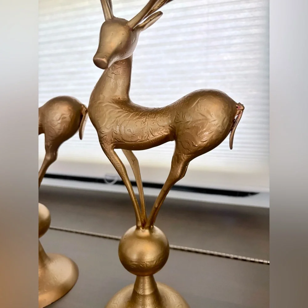 Set of 2 Vintage Ukrainian Metal Elegant Floral Embossed Gold Deer Figurines
